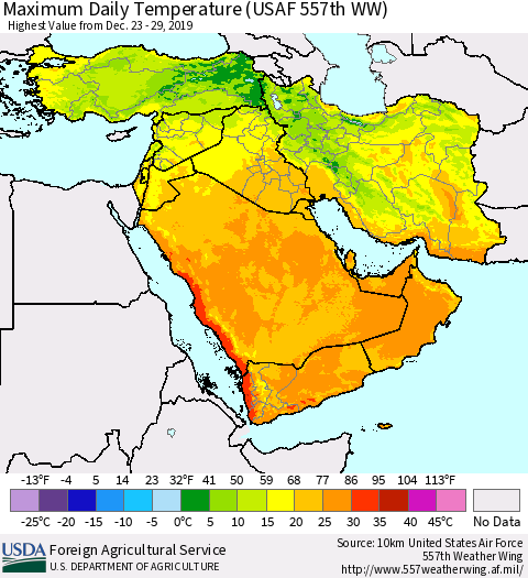Middle East and Turkey Maximum Daily Temperature (USAF 557th WW) Thematic Map For 12/23/2019 - 12/29/2019