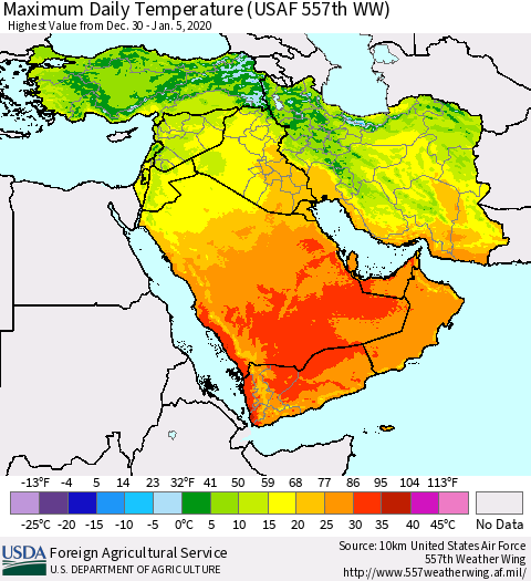 Middle East and Turkey Maximum Daily Temperature (USAF 557th WW) Thematic Map For 12/30/2019 - 1/5/2020