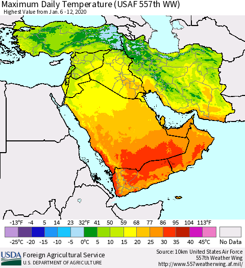 Middle East and Turkey Maximum Daily Temperature (USAF 557th WW) Thematic Map For 1/6/2020 - 1/12/2020