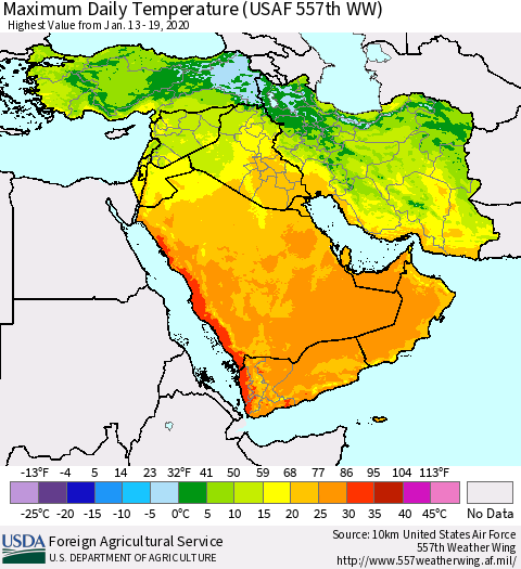 Middle East and Turkey Maximum Daily Temperature (USAF 557th WW) Thematic Map For 1/13/2020 - 1/19/2020