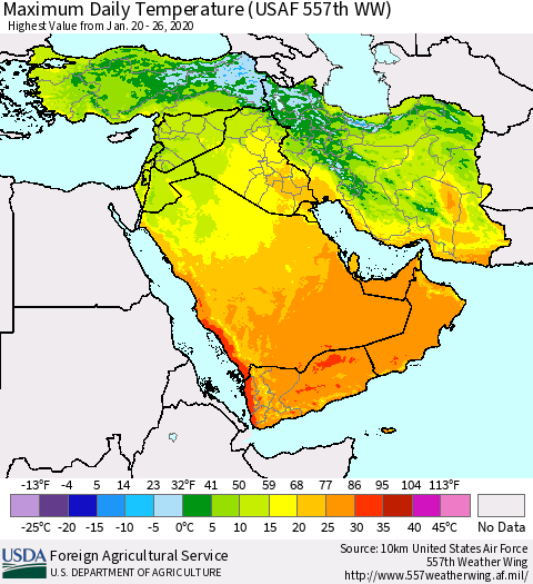 Middle East and Turkey Maximum Daily Temperature (USAF 557th WW) Thematic Map For 1/20/2020 - 1/26/2020