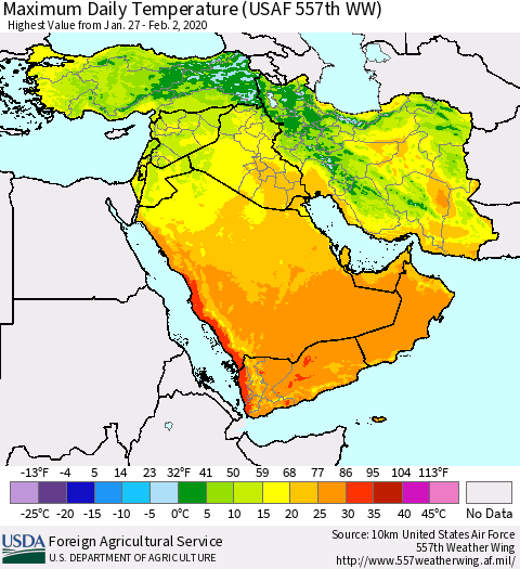 Middle East and Turkey Maximum Daily Temperature (USAF 557th WW) Thematic Map For 1/27/2020 - 2/2/2020