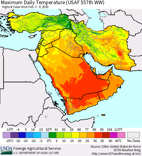 Middle East and Turkey Maximum Daily Temperature (USAF 557th WW) Thematic Map For 2/3/2020 - 2/9/2020