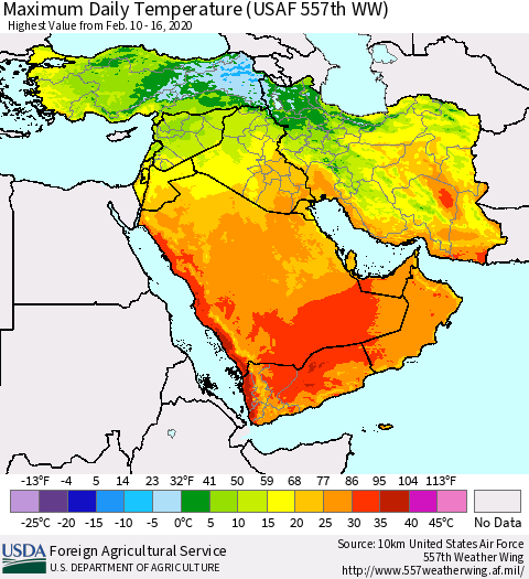 Middle East and Turkey Maximum Daily Temperature (USAF 557th WW) Thematic Map For 2/10/2020 - 2/16/2020