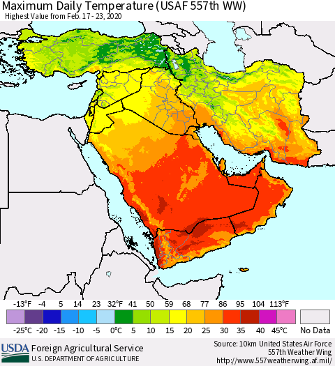 Middle East and Turkey Maximum Daily Temperature (USAF 557th WW) Thematic Map For 2/17/2020 - 2/23/2020