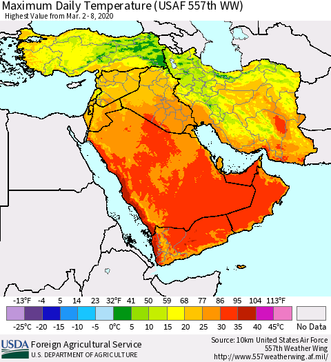 Middle East and Turkey Maximum Daily Temperature (USAF 557th WW) Thematic Map For 3/2/2020 - 3/8/2020