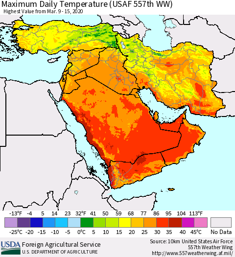 Middle East and Turkey Maximum Daily Temperature (USAF 557th WW) Thematic Map For 3/9/2020 - 3/15/2020
