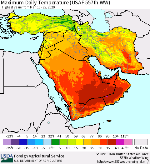 Middle East and Turkey Maximum Daily Temperature (USAF 557th WW) Thematic Map For 3/16/2020 - 3/22/2020