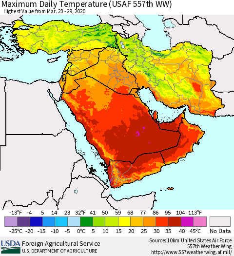 Middle East and Turkey Maximum Daily Temperature (USAF 557th WW) Thematic Map For 3/23/2020 - 3/29/2020