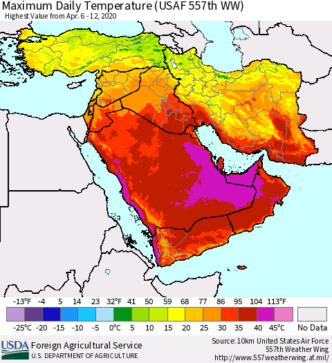 Middle East and Turkey Maximum Daily Temperature (USAF 557th WW) Thematic Map For 4/6/2020 - 4/12/2020