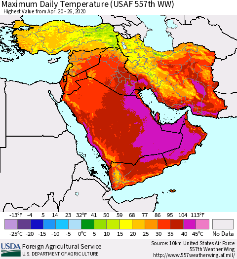 Middle East and Turkey Maximum Daily Temperature (USAF 557th WW) Thematic Map For 4/20/2020 - 4/26/2020
