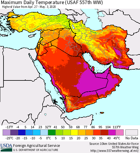 Middle East and Turkey Maximum Daily Temperature (USAF 557th WW) Thematic Map For 4/27/2020 - 5/3/2020