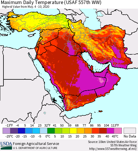 Middle East and Turkey Maximum Daily Temperature (USAF 557th WW) Thematic Map For 5/4/2020 - 5/10/2020