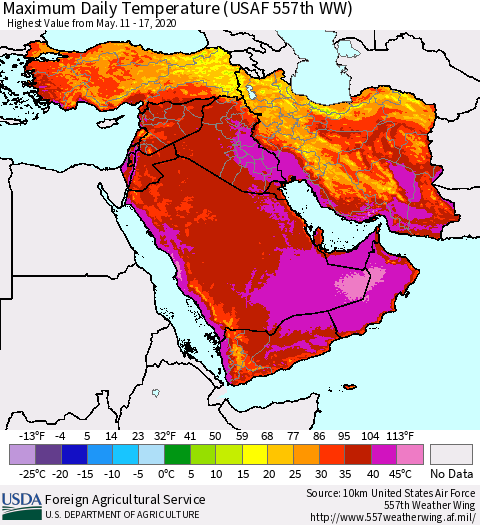 Middle East and Turkey Maximum Daily Temperature (USAF 557th WW) Thematic Map For 5/11/2020 - 5/17/2020