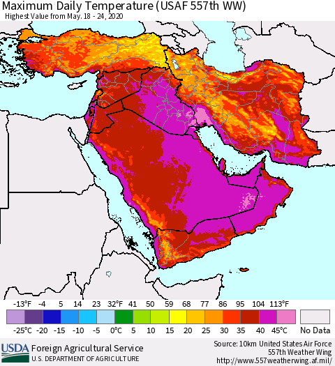 Middle East and Turkey Maximum Daily Temperature (USAF 557th WW) Thematic Map For 5/18/2020 - 5/24/2020