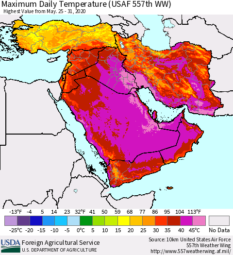 Middle East and Turkey Maximum Daily Temperature (USAF 557th WW) Thematic Map For 5/25/2020 - 5/31/2020