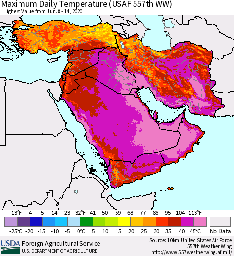 Middle East and Turkey Maximum Daily Temperature (USAF 557th WW) Thematic Map For 6/8/2020 - 6/14/2020