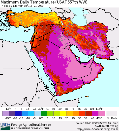 Middle East and Turkey Maximum Daily Temperature (USAF 557th WW) Thematic Map For 6/15/2020 - 6/21/2020