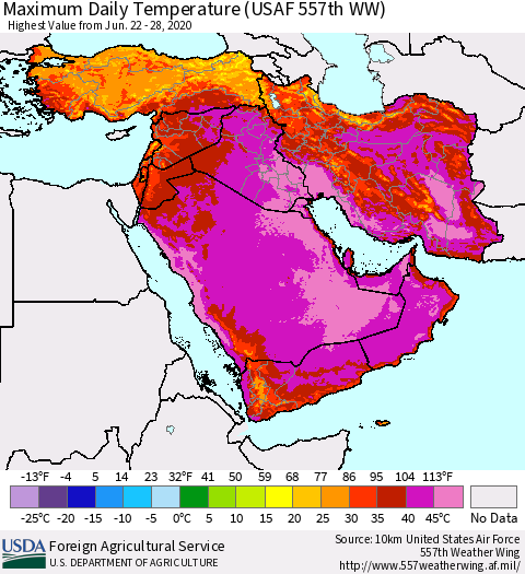 Middle East and Turkey Maximum Daily Temperature (USAF 557th WW) Thematic Map For 6/22/2020 - 6/28/2020