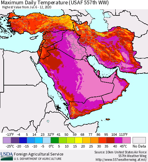 Middle East and Turkey Maximum Daily Temperature (USAF 557th WW) Thematic Map For 7/6/2020 - 7/12/2020