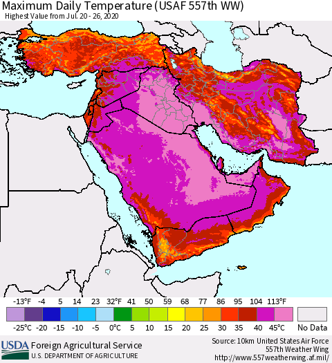 Middle East and Turkey Maximum Daily Temperature (USAF 557th WW) Thematic Map For 7/20/2020 - 7/26/2020