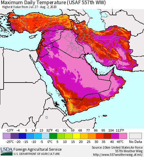 Middle East and Turkey Maximum Daily Temperature (USAF 557th WW) Thematic Map For 7/27/2020 - 8/2/2020