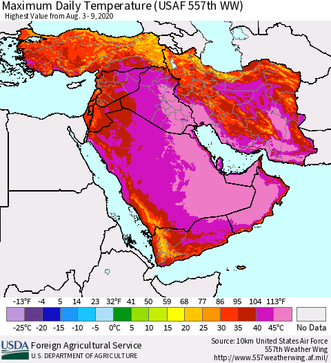 Middle East and Turkey Maximum Daily Temperature (USAF 557th WW) Thematic Map For 8/3/2020 - 8/9/2020