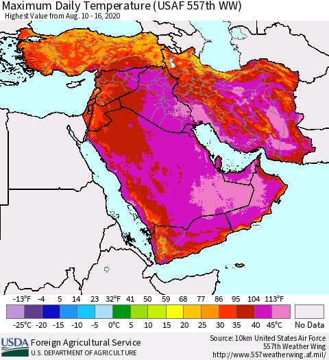 Middle East and Turkey Maximum Daily Temperature (USAF 557th WW) Thematic Map For 8/10/2020 - 8/16/2020