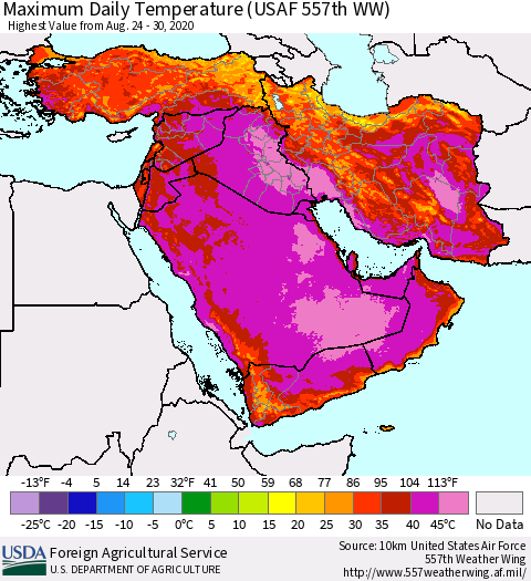 Middle East and Turkey Maximum Daily Temperature (USAF 557th WW) Thematic Map For 8/24/2020 - 8/30/2020