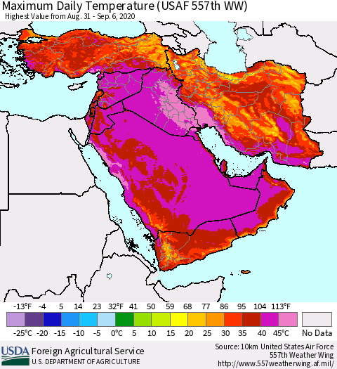 Middle East and Turkey Maximum Daily Temperature (USAF 557th WW) Thematic Map For 8/31/2020 - 9/6/2020