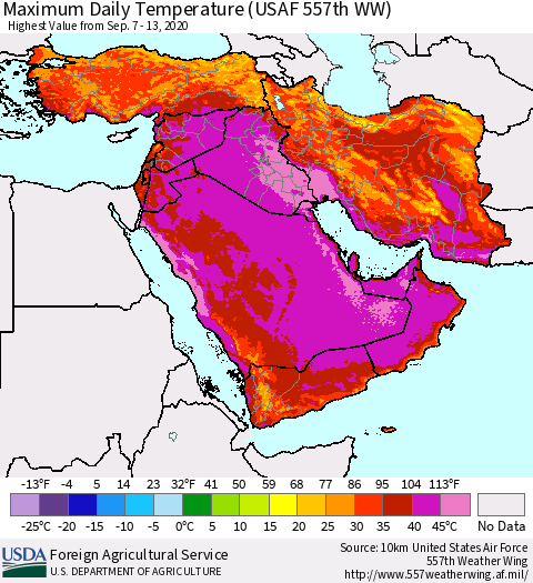 Middle East and Turkey Maximum Daily Temperature (USAF 557th WW) Thematic Map For 9/7/2020 - 9/13/2020