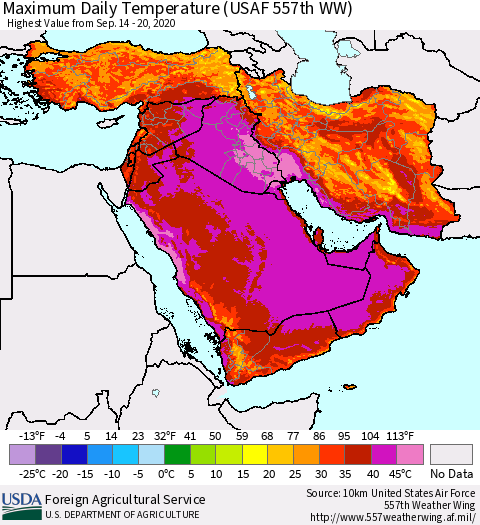 Middle East and Turkey Maximum Daily Temperature (USAF 557th WW) Thematic Map For 9/14/2020 - 9/20/2020