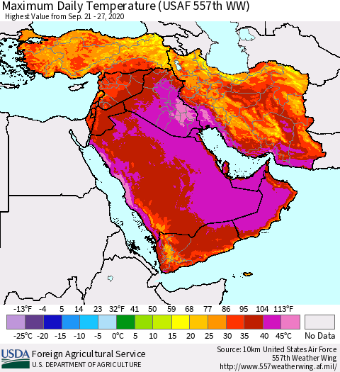 Middle East and Turkey Maximum Daily Temperature (USAF 557th WW) Thematic Map For 9/21/2020 - 9/27/2020