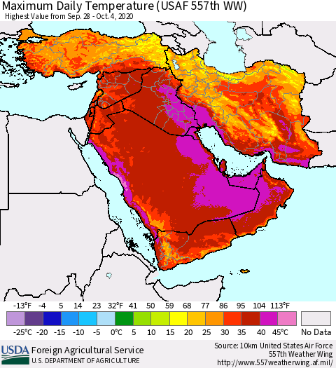 Middle East and Turkey Maximum Daily Temperature (USAF 557th WW) Thematic Map For 9/28/2020 - 10/4/2020