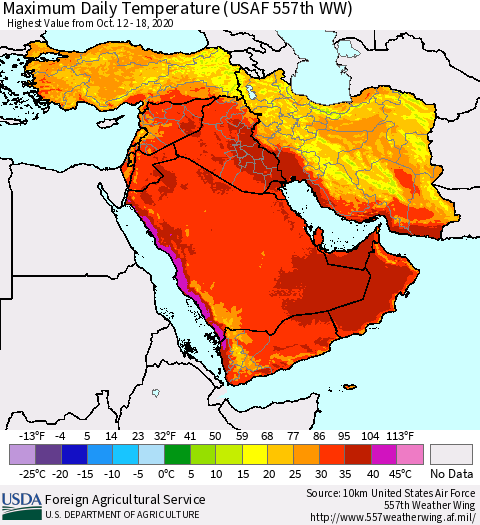 Middle East and Turkey Maximum Daily Temperature (USAF 557th WW) Thematic Map For 10/12/2020 - 10/18/2020