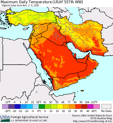Middle East and Turkey Maximum Daily Temperature (USAF 557th WW) Thematic Map For 11/2/2020 - 11/8/2020