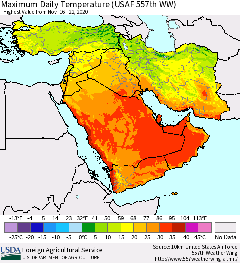 Middle East and Turkey Maximum Daily Temperature (USAF 557th WW) Thematic Map For 11/16/2020 - 11/22/2020