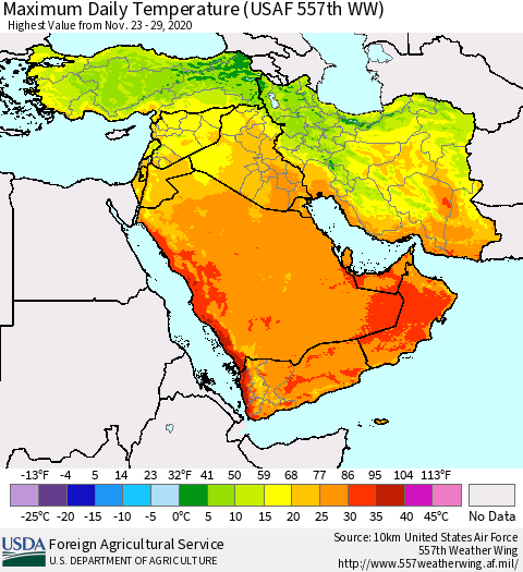 Middle East and Turkey Maximum Daily Temperature (USAF 557th WW) Thematic Map For 11/23/2020 - 11/29/2020