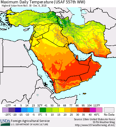 Middle East and Turkey Maximum Daily Temperature (USAF 557th WW) Thematic Map For 11/30/2020 - 12/6/2020