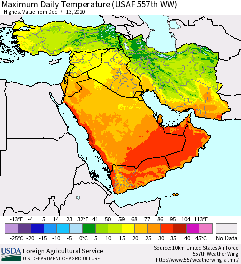 Middle East and Turkey Maximum Daily Temperature (USAF 557th WW) Thematic Map For 12/7/2020 - 12/13/2020