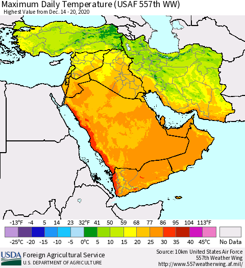 Middle East and Turkey Maximum Daily Temperature (USAF 557th WW) Thematic Map For 12/14/2020 - 12/20/2020