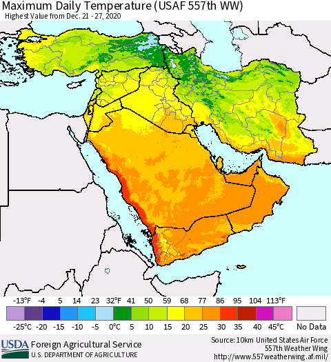 Middle East and Turkey Maximum Daily Temperature (USAF 557th WW) Thematic Map For 12/21/2020 - 12/27/2020
