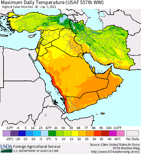 Middle East and Turkey Maximum Daily Temperature (USAF 557th WW) Thematic Map For 12/28/2020 - 1/3/2021