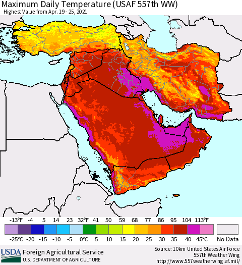 Middle East and Turkey Maximum Daily Temperature (USAF 557th WW) Thematic Map For 4/19/2021 - 4/25/2021