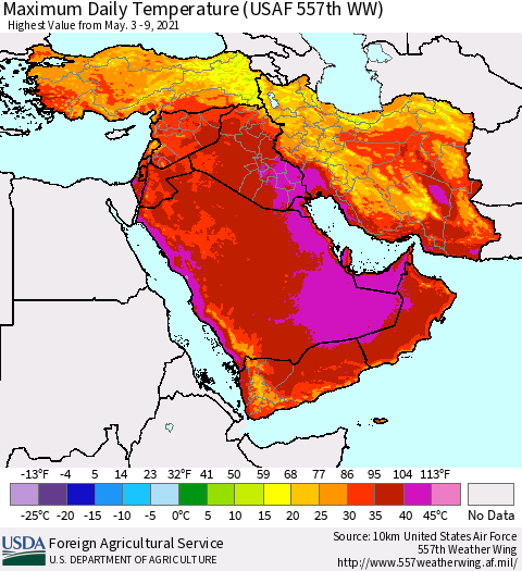 Middle East and Turkey Maximum Daily Temperature (USAF 557th WW) Thematic Map For 5/3/2021 - 5/9/2021