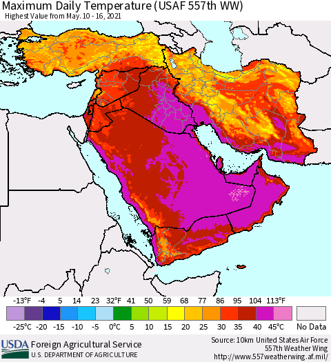 Middle East and Turkey Maximum Daily Temperature (USAF 557th WW) Thematic Map For 5/10/2021 - 5/16/2021