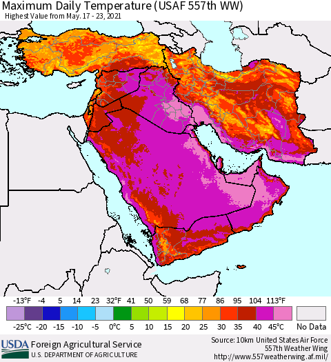 Middle East and Turkey Maximum Daily Temperature (USAF 557th WW) Thematic Map For 5/17/2021 - 5/23/2021