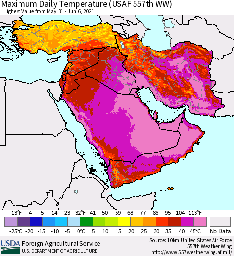 Middle East and Turkey Maximum Daily Temperature (USAF 557th WW) Thematic Map For 5/31/2021 - 6/6/2021