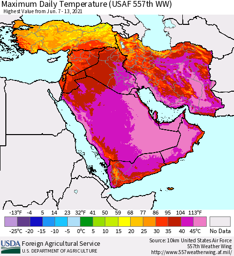 Middle East and Turkey Maximum Daily Temperature (USAF 557th WW) Thematic Map For 6/7/2021 - 6/13/2021