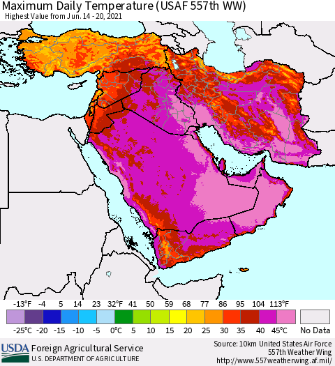 Middle East and Turkey Maximum Daily Temperature (USAF 557th WW) Thematic Map For 6/14/2021 - 6/20/2021